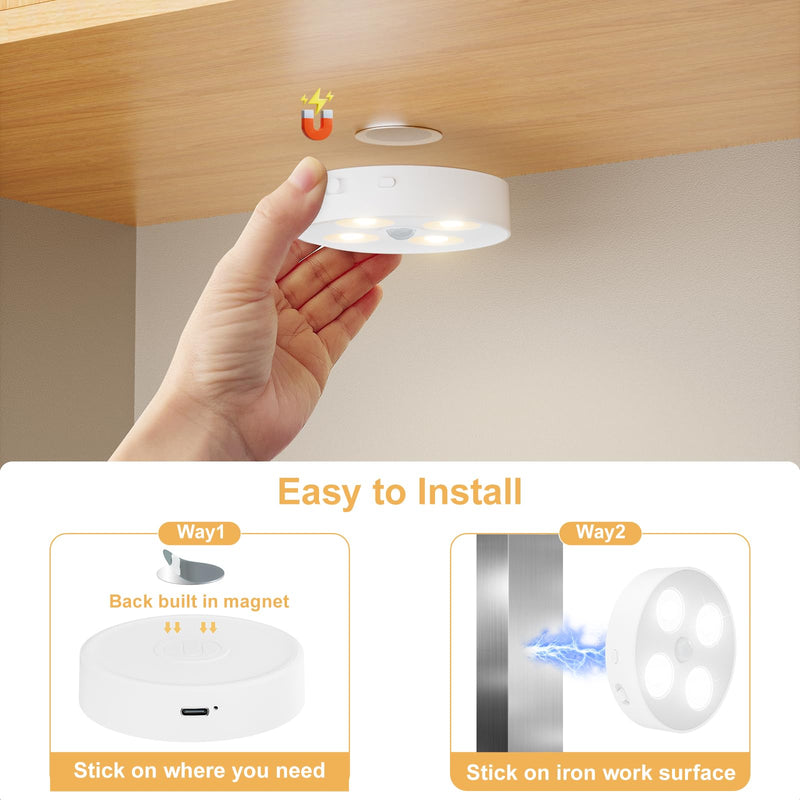 Puck Lights with Remote, Rechargeable 1500mAh Motion Sensor Night Lights, 13 RGB Colors, Dimmable LED Under Cabinet Lighting, Magnetic Stick-On Lights for Closet, Kitchen, Stairs, Counter, 6 Pack RGB Multicolor