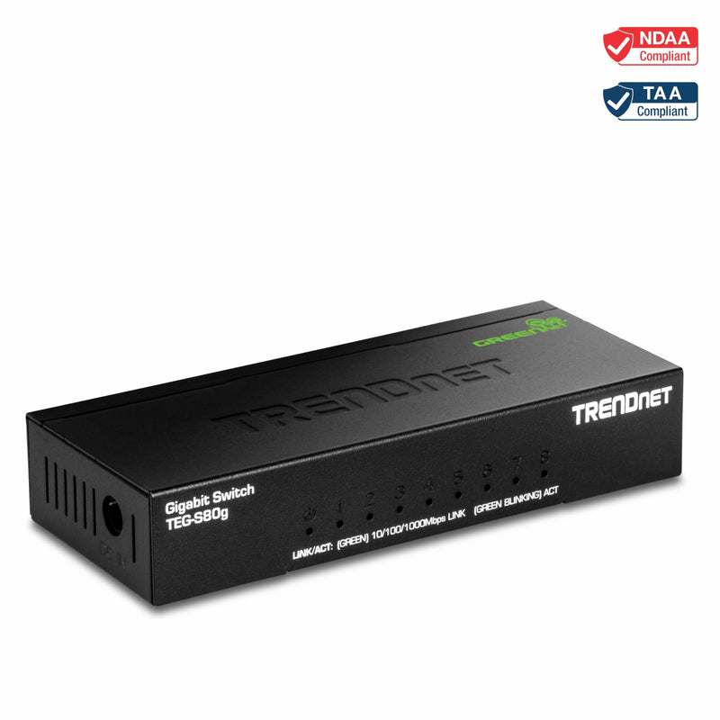 TRENDnet 8-Port Mini Gigabit Switch, TEG-S80g, Ethernet Splitter, NDAA + TAA Compliant, Desktop Metal Ethernet Network Switch, 8 x Gigabit Ports, Fanless, Lifetime Protection, Black
