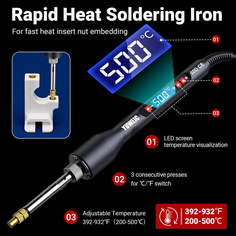 Thread insert set for heat insertion – 181 pieces with 60W digital soldering iron, stand, tweezers & M6 nuts, screws & covers for plastic thread repair and DIY projects
