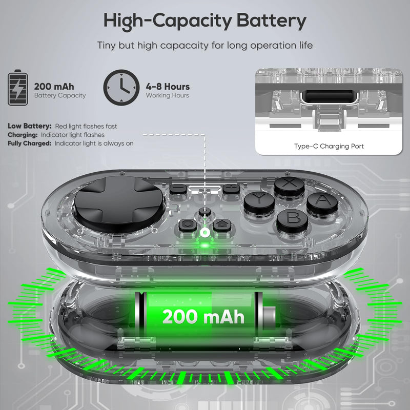 Wireless Bluetooth Controller for Anki Remote Mac, Gamepad Sized Mini Controller for Switch-Windows-Android-MacOS with Cable and Strap(Transparent-black）
