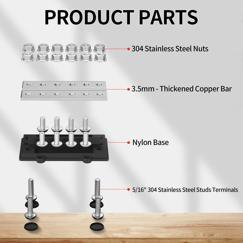 250A DualBus 12V Dual Row Bus Bar Power Distribution Block 12 x 5/16" Terminal Studs Positive and Negative Battery Bus Bar 250A Dual Bus 6 x 5/16" Studs