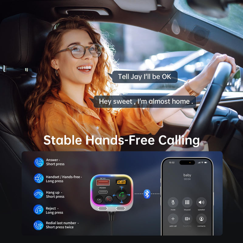 Syncwire Bluetooth 5.3 FM Transmitter Car Adapter, 66W PD QC 3.0 Fast Charge Car Charger with USB-C Coiled Cable, Wireless FM Radio Adapter, Strong Mics, Bass HiFi Sound, Hands-free Call, Light Switch