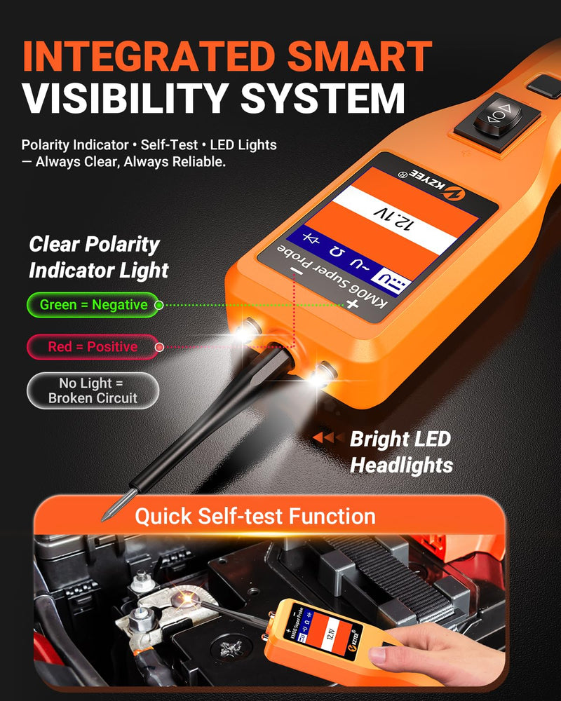 KZYEE KM06 Automotive Power Circuit Probe Tester 8-35V, All-in-One Electrical Diagnostic Tool with Component Activation, Short Circuit Finder, Wire Tracer & Trailer Light Tester for Cars, Trucks & RVs Amber Orange