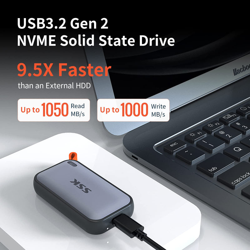 SSK Portable SSD 1TB External Solid State Drives, up to 1050MB/s USB C SSD External Hard Drive USB 3.2 Gen2 for iPhone 15/Pro, Windows, Mac, Android Phones and Tablets 1 TB