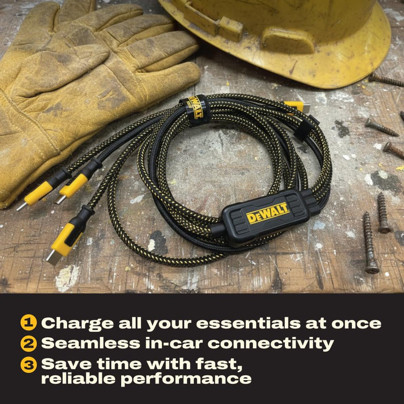 DEWALT 100W Smart USB-C to USB-C Splitter – Data Transfer & Fast Charging, 1-to-3 Output, Kevlar Reinforced, 6ft Heavy-Duty for Laptop, MacBook, iPad, Android, Samsung, iPhone, Works w/Carplay
