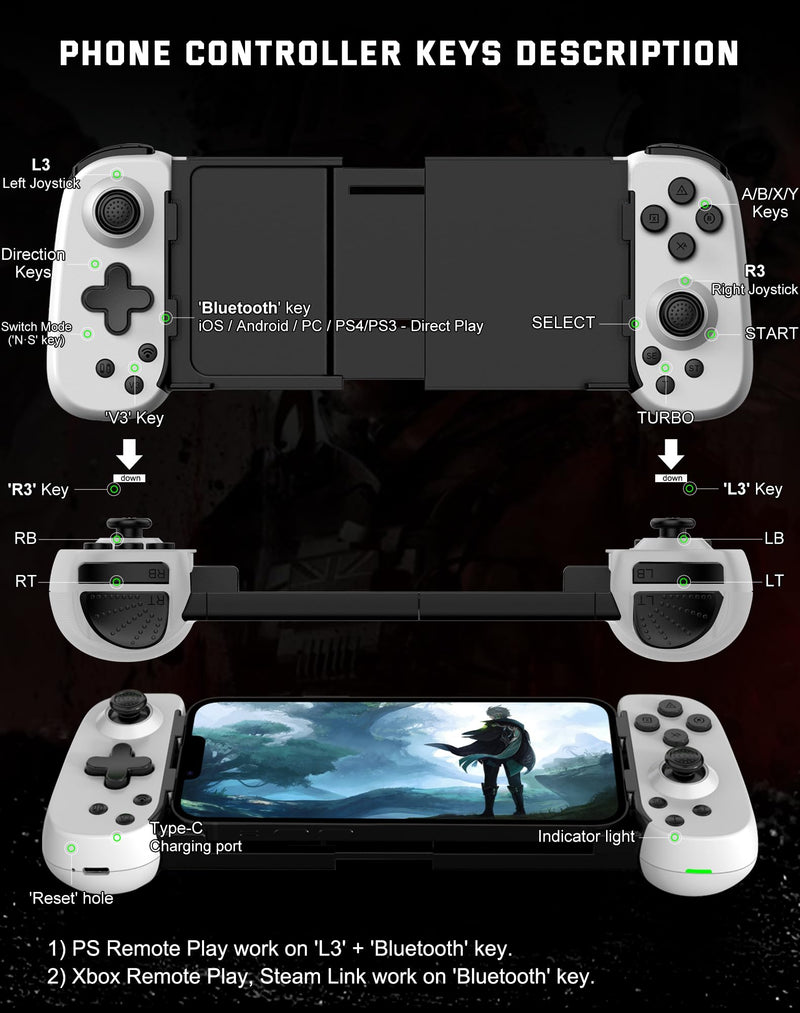 Joso Phone Controller for iPhone/Android/PC, D6 Wireless Game Controller for Switch/PS3/PS4 with Hall Joystick/Turbo/6-Axis Gyro/Dual Motor, iOS Android Controller Support Cloud Gaming/Remote Play White
