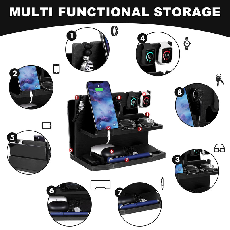 Gifts for Men Desk or Nightstand Organizer - Wood Phone Docking Station - Birthday Gifts for Husband, Fathers Day for Dad - Anniversary Idea from Wife - Key Holder, Stand Wallet, Watch & Essentials Black