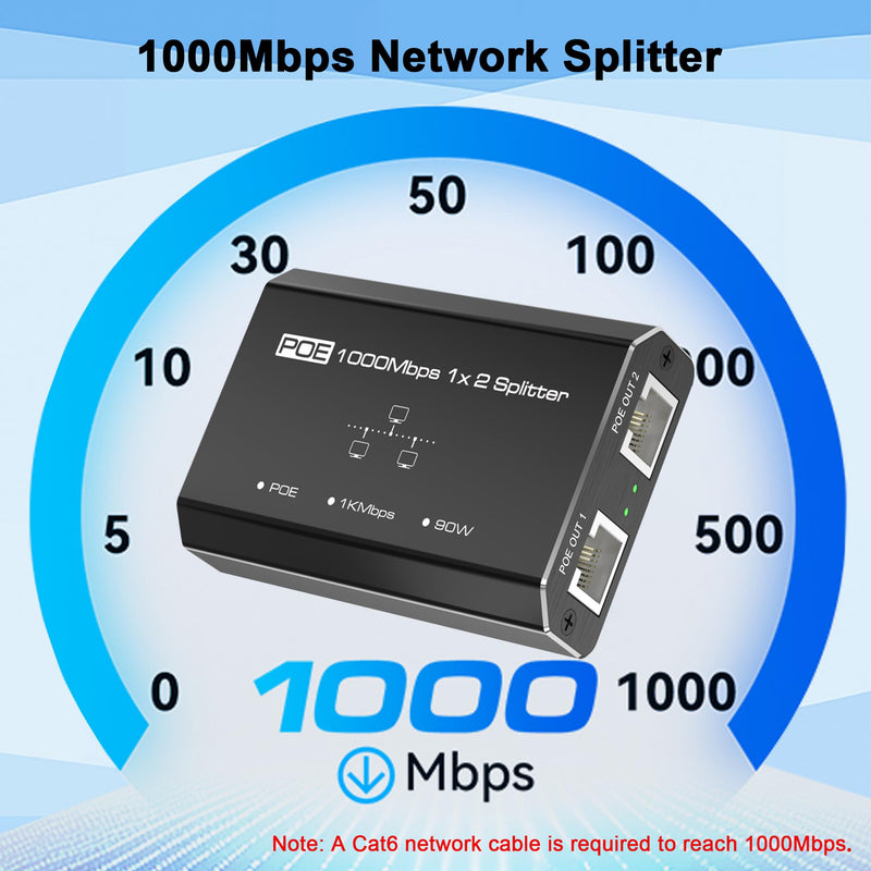 PoE Splitter with 4.25FT Cat6 Ethernet Cable, Gigabit Ethernet Switch 2 Port, Internet Splitter 1 in 2 Out, Non-PoE to PoE Adapter, Network Hub 1 in 2 Out, Plug & Play, Distance Up to 328 Ft. POE Splitter with Cable