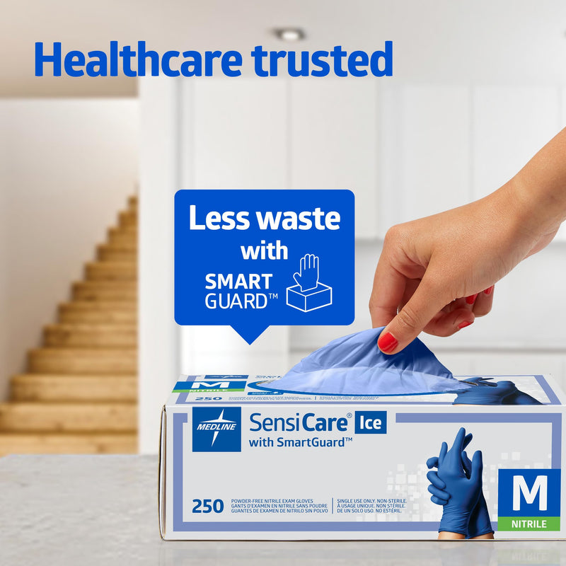 Medline SensiCare Ice Blue Nitrile Exam Gloves, 250 Count, Small, Powder Free, Disposable, Not Made with Natural Rubber Latex, Multi-use for Every Task