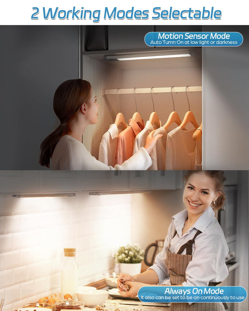 HIBOITEC Under Cabinet Lights Rechargeable Closet Lighting Wireless Motion Sensor Light Indoor, 70 LED Dimmable Magnetic Under Counter Light for Kitchen, 2 Pack, Warm White Light, 12.8 inch Long Silver (Warm White Light)