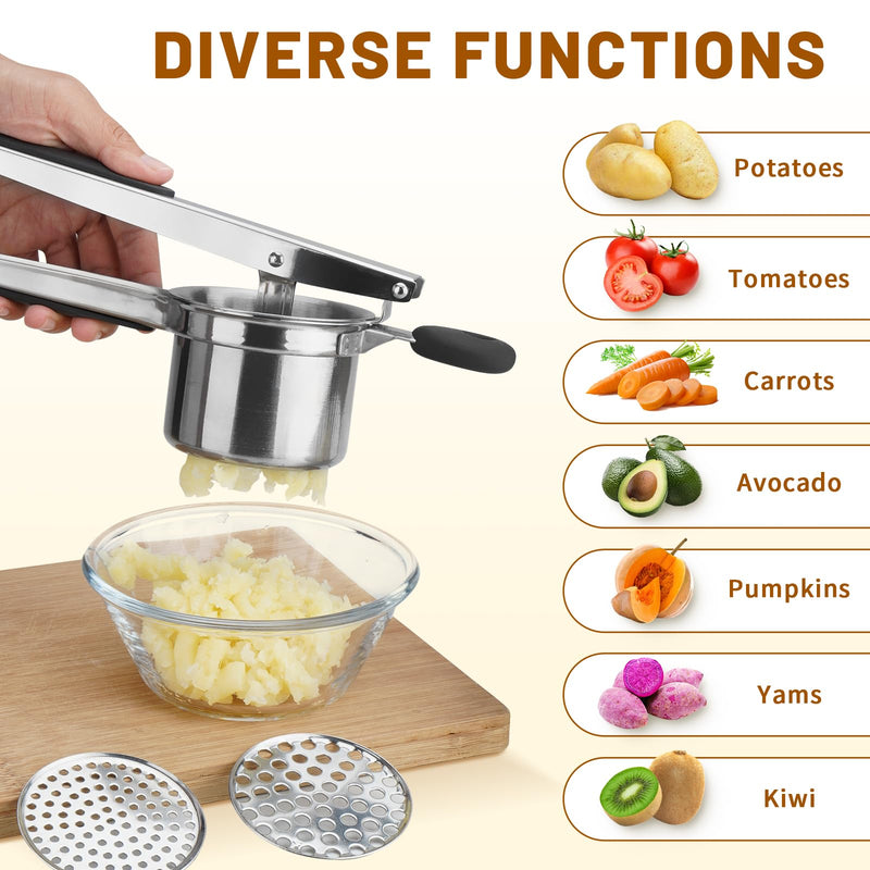 Potato Ricer 3 Interchangeable Discs Stainless Steel Potato Shredder for Smooth and Fluffy Mashed Potatoes, Puree, Fruit Juice, Baby Food (Silver) Silver