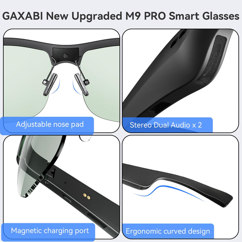 Smart Glasses, Polarized Bluetooth Sunglasses, Built-in Mic & Speakers, Voice Assistant, UV Protection, Bluetooth Glasses for Office, Driving, Cycling Outdoor Sports M9 Pro-greyish Green Lens