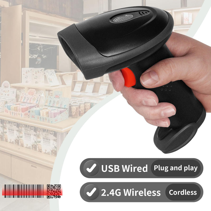 Barcode Scanner Wireless, Handheld Bar Code Scanner Versatile 2-in-1 (2.4Ghz Cordless & USB Wired) Book Scanner for Personal Library, Warehouse Inventory, Clothing Shops and More