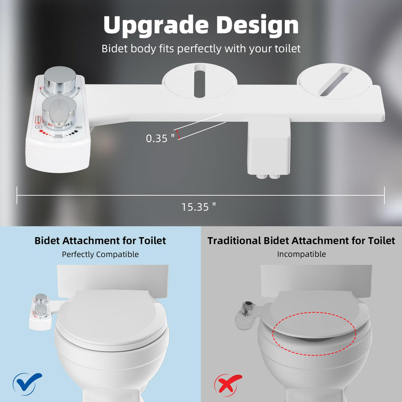 Hibbent Bidet Attachment for Toilet, Hot and Cold Water Spray Non-Electric Dual Nozzle for Frontal & Rear Wash, Adjustable Water Pressure Control, Self Cleaning Water Sprayer, White