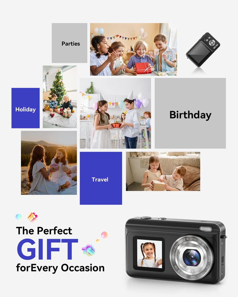 Digital Camera, Real 2.7K Dual-Screen Digital Camera for Photography Auto-Focus Vlogging Camera for YouTube Video 16x Zoom 32GB SD Card Anti Shake Compact Camera for Student Teen Boys Girls Kids Black
