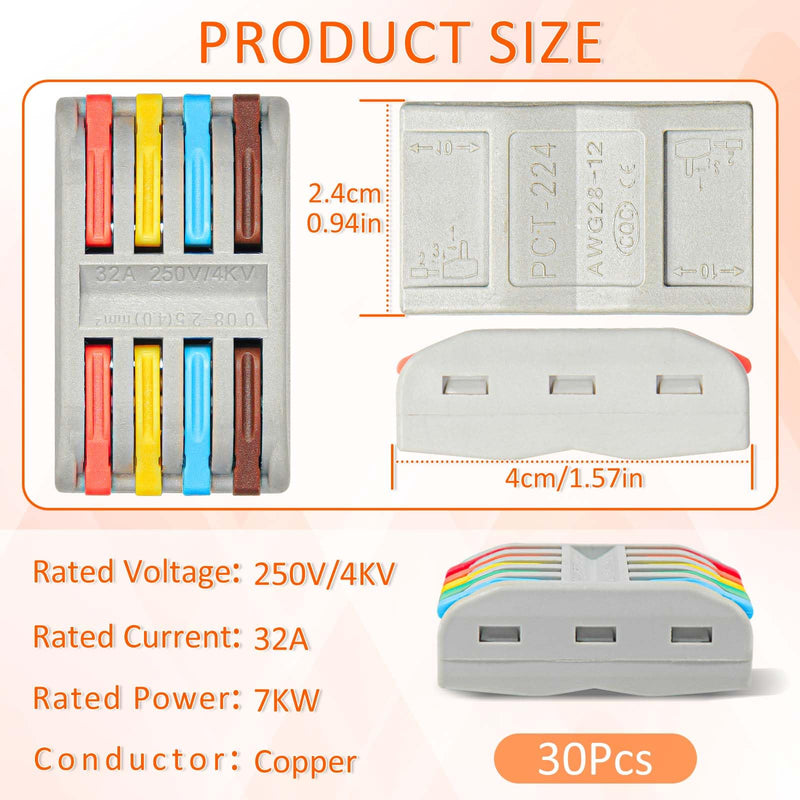 Wire Connectors Nuts, 30pcs 4 Conductor Compact Splicing Wire Connectors, 4 in 4 Out Lever Wire Nut, 4 Circuit Inline Splices 28-12 AWG PCT224-30PCS
