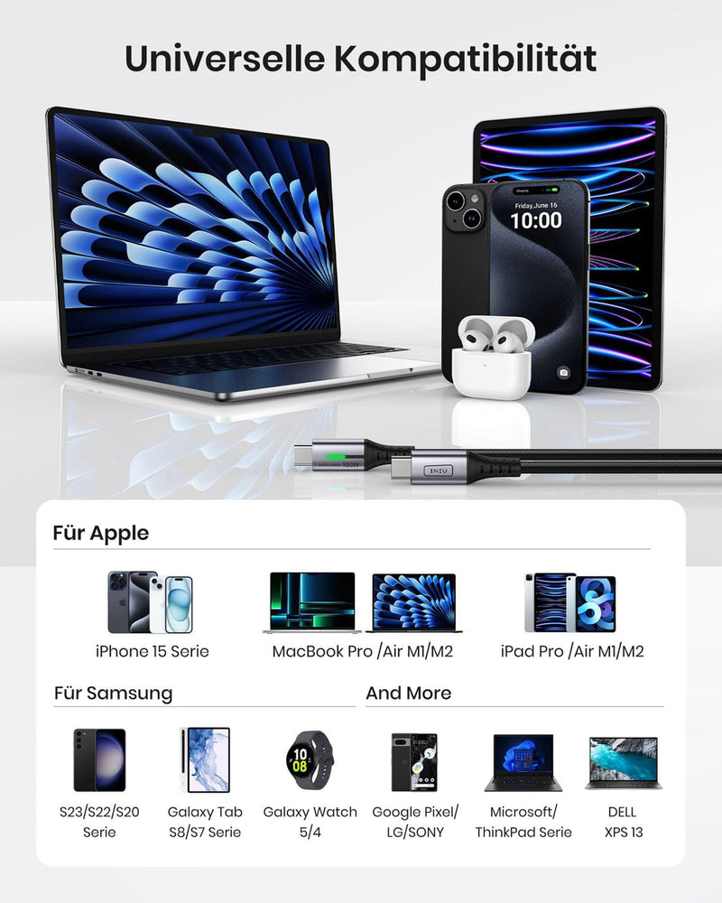 INIU USB C cable, 100W [2m] 5A PD QC 4.0 fast charging cable USB C to USB C cable, nylon braided charging cable USB C charger USB-C for iPhone 15 Samsung S21 Note 10 iPad MacBook tablets. 2m