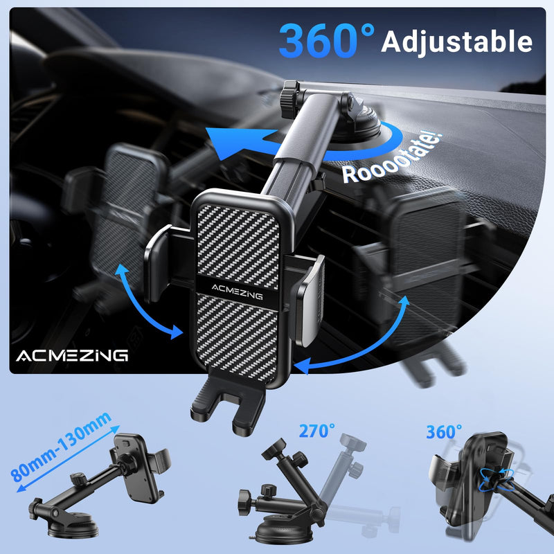 3-in-1 Car Phone Holder [122+LBS Strongest Suction & Stable Clamp Arm] 360° Adjustable Car Phone Mount, Cell Phone Holders for Your Car for Dashboard Vent, All Smartphones & Car Models (Black) Black