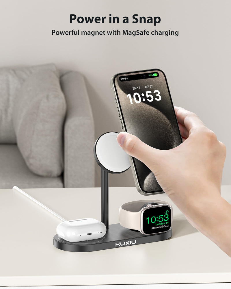 3 in 1 Charging Station for Apple, Aluminum Alloy & Carbon Fiber Magnetic Wireless Charger, Compatible with iPhone 15/14/13/12 Series, for Apple Watch, for AirPods 3/2/Pro & Multiple Qi Devices