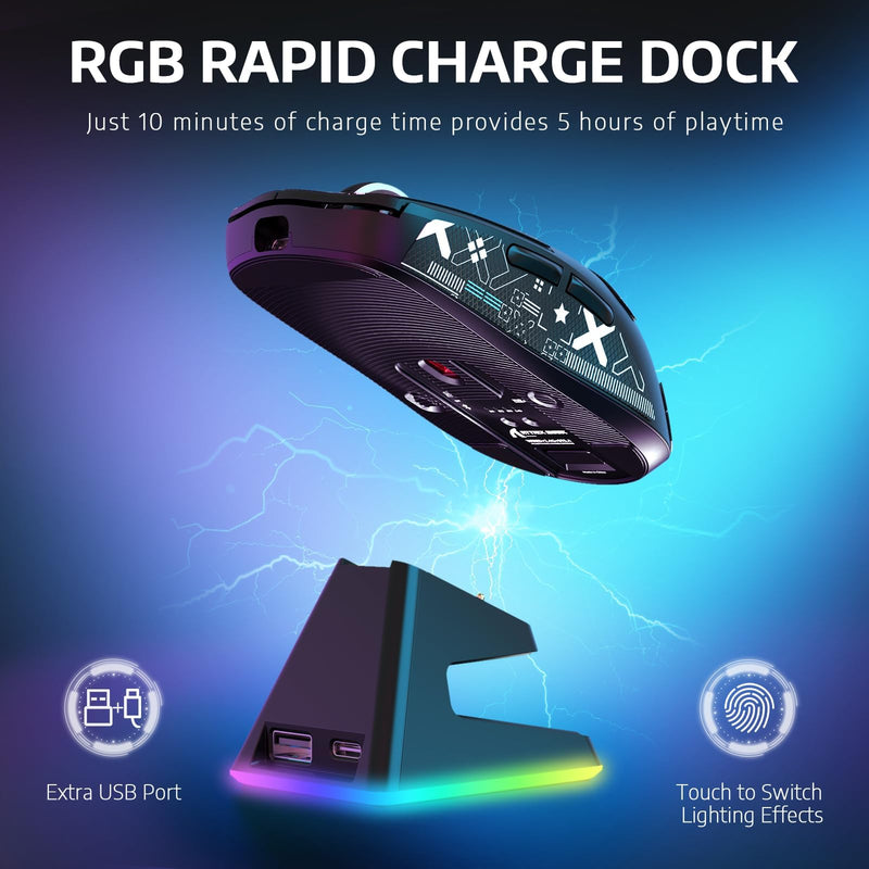 ATTACK SAHRK X6 Wireless Gaming Mouse,49g Ultralight RGB Magnetic Charging Base,Tri-Mode 2.4G/BT5.2/Wired,PAW3395 Sensor 26KDPI, G502 Programmable Mice for Win/Mac-Black&Tape Mouse&Tape&Base Black&Tape