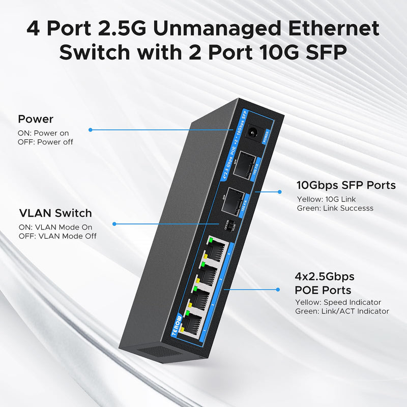 4-Port 2.5Gb PoE Switch add 2-Port 10Gb SFP+, TEROW 6 Ports 2.5G POE+ Switches Base-T & 2*10G Ethernet, New version-IEEE802.3af/at, up to 30W, Desktop/Wall Mount, Ideal for AP, Home,Gaming,Office 6-Port |4 x 2.5G Poe+2 x 10G SFP