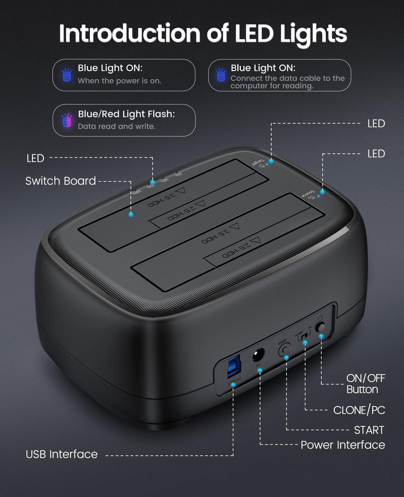 ORICO Hard Drive Docking Station Dual Bay USB 3.0 to SATA with Duplicator/Offline Clone Function External Hard Drive Dock for 2.5''/3.5'' HDD SSD Max Up to 44TB Support UASP Plug&Play-DD-C DD28U3-C