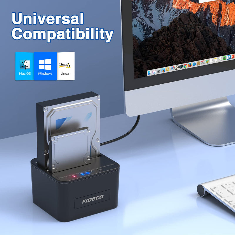 FIDECO Hard Drive Docking Station, USB 3.0 SATA HDD Docking Station for 2.5 & 3.5 inch SATA HDD/SSD, Dual Bay, Support Offline Clone and UASP