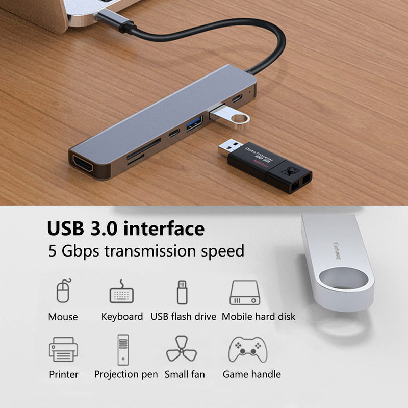 7-in-1 USB C Hub: 4K@30Hz HDTV, USB 3.0/2.0, Type C, SD/TF, PD100W Charging, Compatible with MacBook, iPad, Dell, HP, Samsung, Huawei 7 in 1 hub
