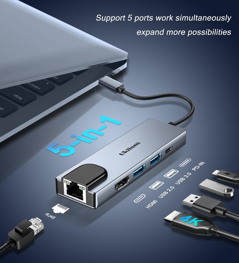 USB C Hub Ethernet HDMI Adapter,5 in 1 Docking Station with 4K HDMI, RJ45 Ethernet, USB 3.0/2.0, PD 100W, USB C, LAN Dongle for MacBook Pro/Air, iPad Pro, XPS, etc 5-in-1