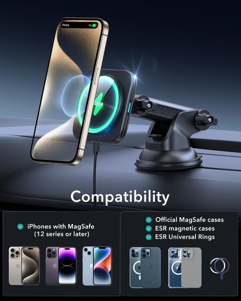ESR for MagSafe Car Mount Charger, Dashboard Magnetic Wireless Car Charger, for MagSafe Car Charger, Windshield Car Phone Holder Mount for iPhone 15/14/13/12, Fast Charging