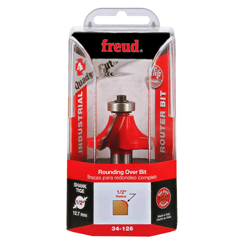 Freud Quadra-Cut Radius Rounding Over Bit with Perma-Shield Coating for Flawless Finish - 4 Cutters, 1/2" Shank Dia., 1/2" Radius, 2-3/4" Length - 34-126