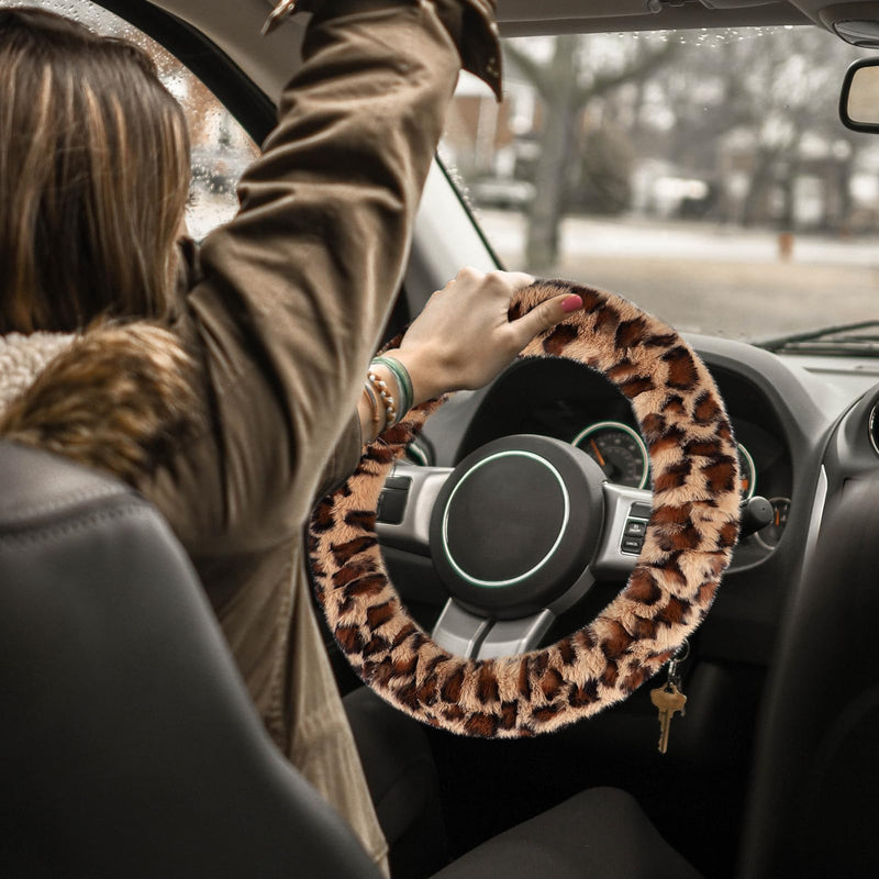 Accmor Fuzzy Car Steering Wheel Cover, Universal Fit Fur Auto Wheel Cover & Handbrake Cover & Gear Shift Cover Set, Leopard Warm Fluffy Vehicle Wheel Protector Car Accessories for Men Women (Brown) Brown/Dark Brown Leopard short hair