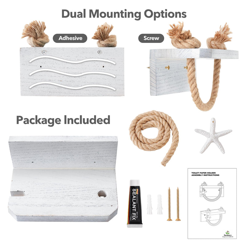 Farmhouse Toilet Paper Holde, Nautical Rope Beach Toilet Paper Roll Holder Pre-Assembled, Morden Farmhous Bathroom Decor Wall Mounted, Starfish Rope Coastal Towel Rack with Wood Shelf Weathered White
