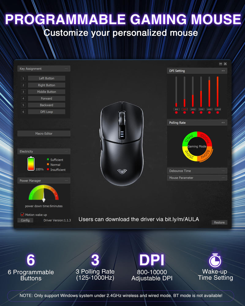 AULA SC580 Wireless Gaming Mouse, Tri-Mode 2.4G/BT5.0/USB-C Gaming Mouse, 10000 DPI Rechargeable Wireless Mouse with 6 Programmable Buttons, Ergonomic Computer Mouse for Laptop/PC/Mac/Tablet Black