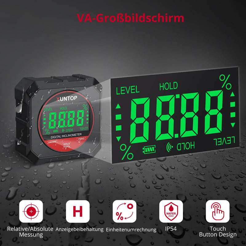 Xuntop Inclinometer 4 x 90° Digital Protractor 0.05° Resolution | For woodworking, workshops, outdoors, with magnetic base, durable and portable