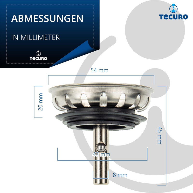 tecuro 53320 Stainless Steel Sink Drain Basket Strainer Diameter 54 mm with 8 mm Guide Rod for 1 1/2 Inch Strainer Basket Valves Including Lip Seal