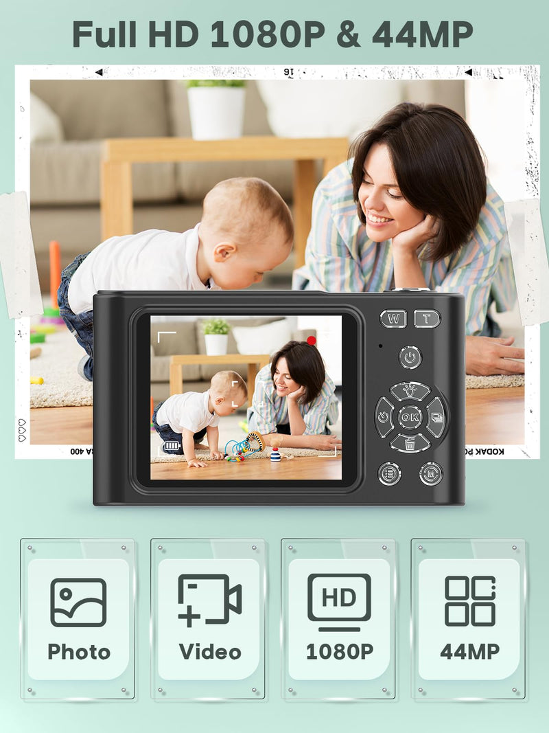 Digital Kids Camera 1080P Vlog Camera with 64GB, Lanyard, 16X Zoom Anti Shake, Card Reader 44MP Compact Portable Point Shoot Digicam for Kid Teen Girl Boy Christmas Halloween Thanksgiving(Black) Black