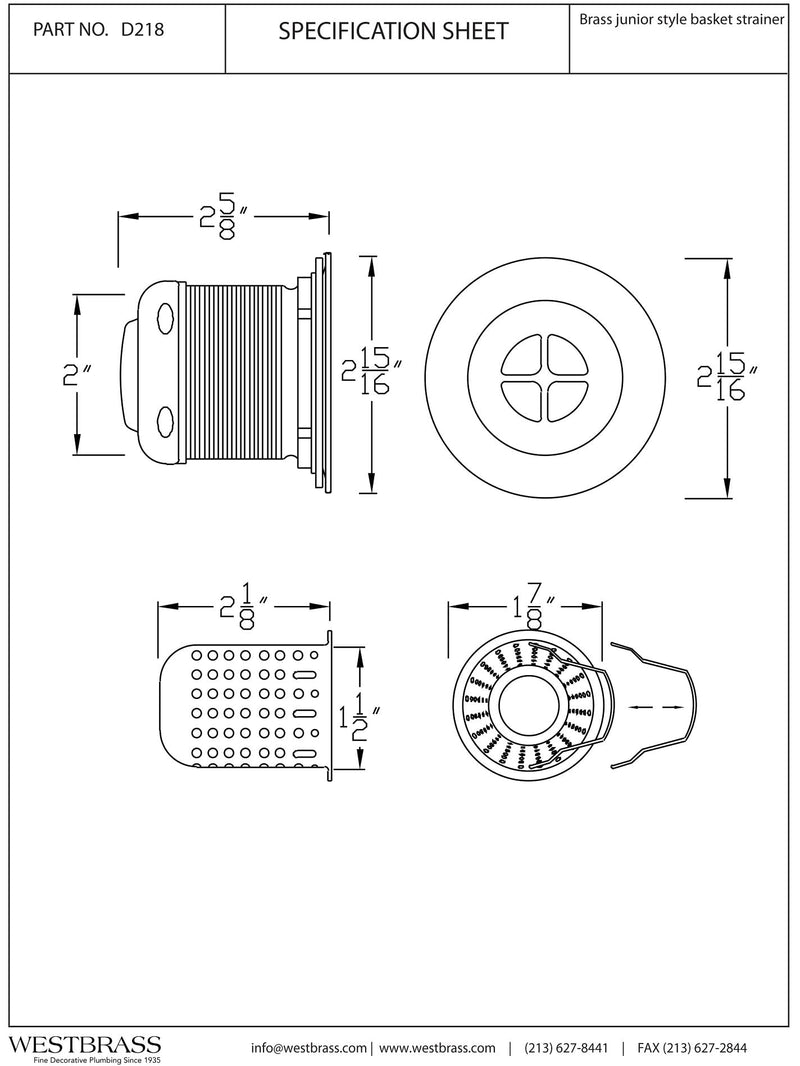 Westbrass Junior Basket Style Bar Sink Strainer, Polished Nickel, D218-05 1-Pack