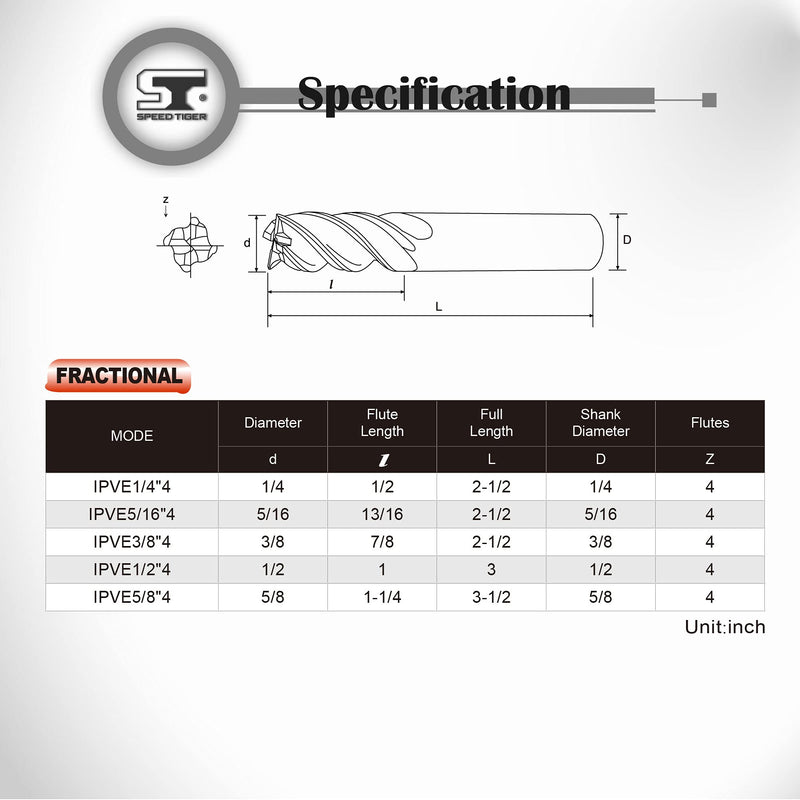 SPEED TIGER Carbide Square End Mill - 4 Flute - IPVE3/8 4 (1 Piece, 3/8") - Unequal Flute Spacing & Helix Design - Anti-Vibration - for Stainless Steel - Mill Bits Sets for DIYers & Professionals 3/8 in