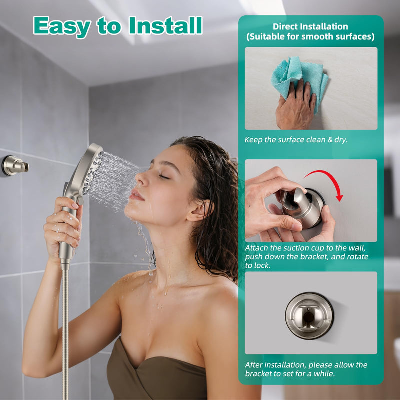 2 Pack Vacuum Suction Cup Shower Head Holder, Removable Shower Head Bracket, Height Adjustable Wall Mount ABS Plastic Suction Holder for Handheld Showerhead, Brushed Nickel 2 Brushed Nickel Finish
