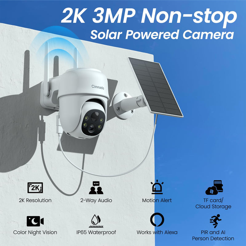Cinnado Security Cameras Wireless Outdoor-2K Cameras for Home Security Outside Solar/Battery Powered 2.4G WiFi, 360° Color Night Vision,2 Way Audio, PIR Human Detection,Compatible with Alexa