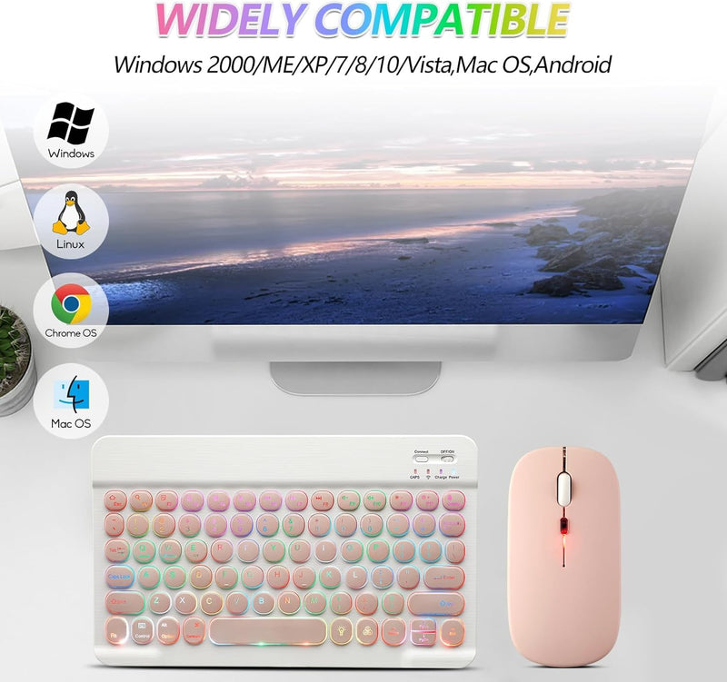 2 Pack Ultra-Slim Bluetooth Keyboard and Mouse Portable Rechargeable 7-Color Backlit for Apple iPad iPhone Samsung Tablet iPhone Smartphone iOS Android Windows Round keys(Black+Pink) black+pink