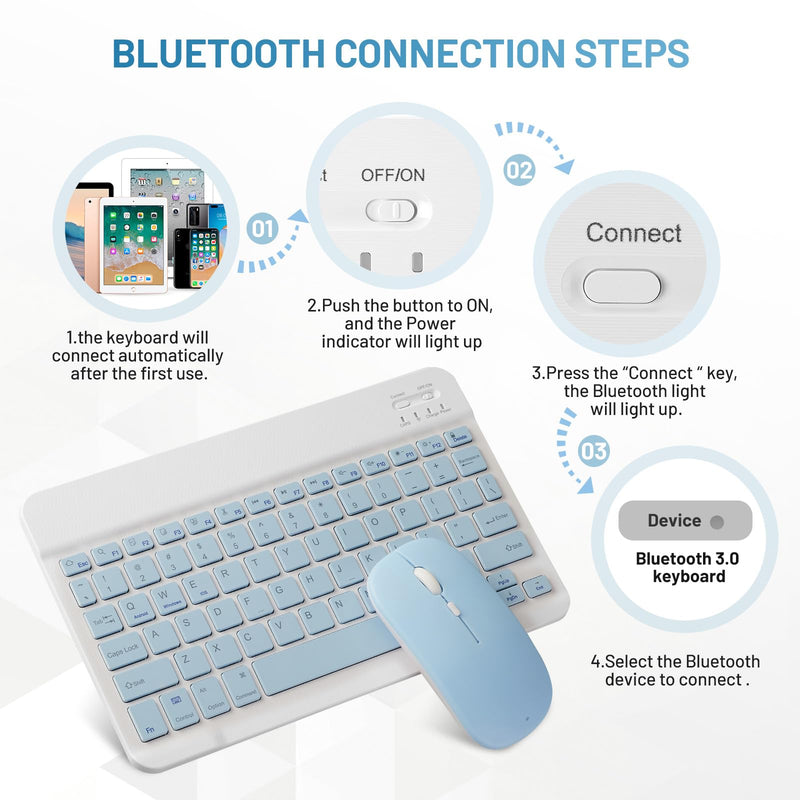 Bluetooth Keyboard and Mouse Combo Rechargeable Portable Wireless Keyboard Mouse Set for Apple iPad iPhone iOS 13 and above Samsung Tablet Phone Smartphone Android Windows (10 inch Blue)