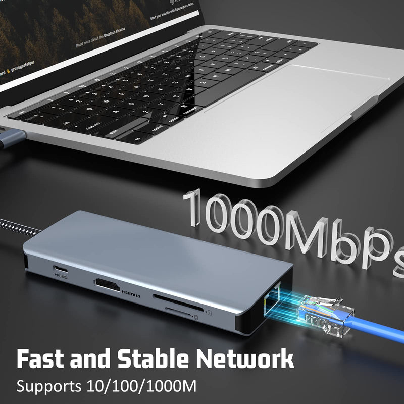 8 in 1 USB C Hub with 4K HDMI, USB C Adapter Docking Station with LAN RJ45, 100W PD, SD/TF, 2 USB 3.0, USB 2.0 for MacBook Pro/Air/Windows Surface Pro 7