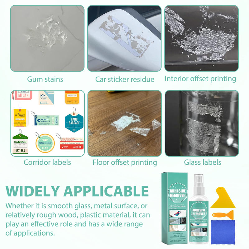 Adhesive residue remover spray, 120 ml, powerful label remover, adhesive remover, complete with scraper and cloth, effectively removes adhesive, labels and adhesive residue from glass, plastic and vehicles