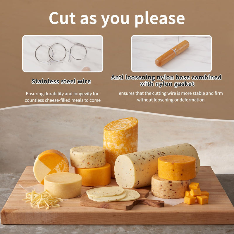 Stainless Steel Cheese Slicer Wire 44"Long-For Soft and Hard Cheese (2 Beech wood handles + 3 Cutting Replacement Wires 44") 44' burlywood handle
