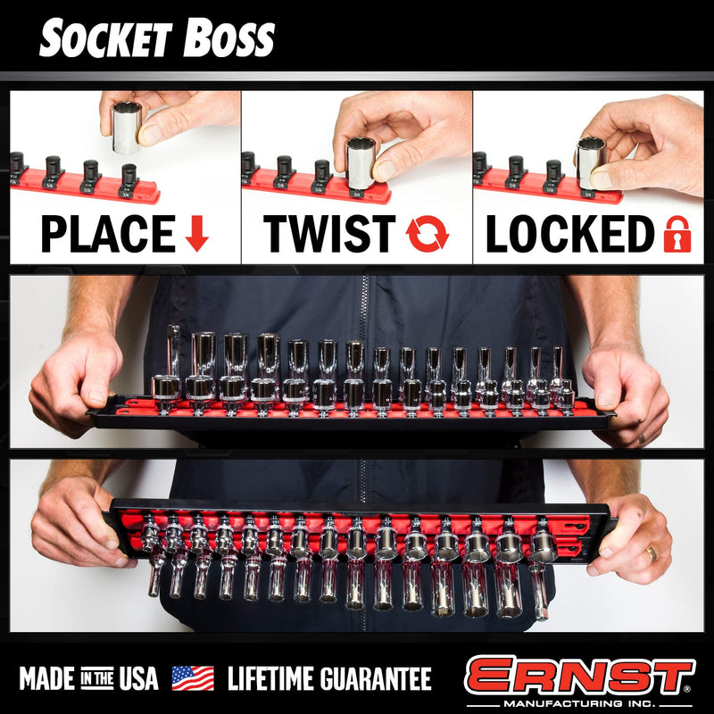 Ernst Manufacturing 8491 Socket Boss Multi-Drive Socket Organizer Tray with 13” Socket Rails, Blue – Drive Socket Storage Tray for Automotive Service Technician’s Toolbox - Made in USA 13-Inch
