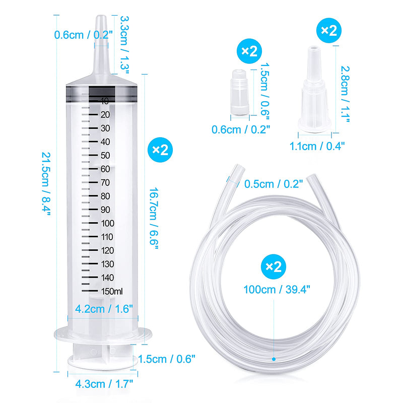 2 packs of plastic syringes with 2 plastic tubes for oil or glue applicators, experiments, pet feeding, industrial applications (150ml) 150ml