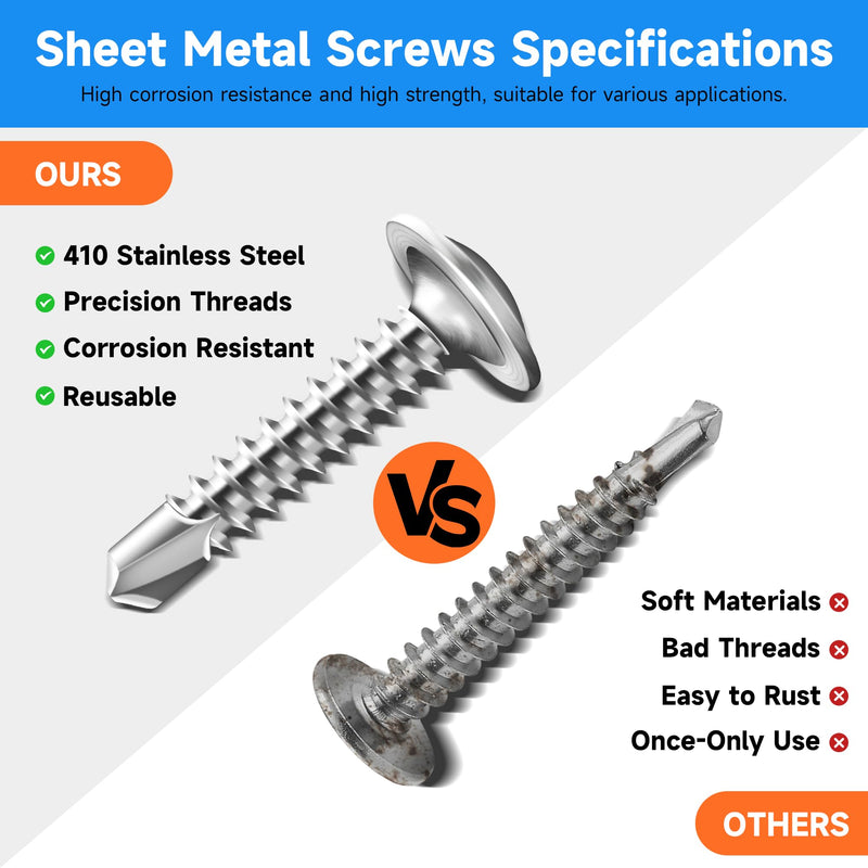 400Pcs #10 x 1 Self Tapping Screws for Metal, 410 Stainless Steel, Sheet Metal Screws for Metal, Truss Head Self Drilling Stainless Steel Screws #10×1" SILVER 400