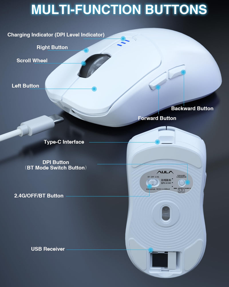 AULA SC580 Wireless Gaming Mouse, Tri-Mode 2.4G/BT5.0/USB-C Gaming Mouse, 10000 DPI Rechargeable Wireless Mouse with 6 Programmable Buttons, Ergonomic Computer Mouse for Laptop/PC/Mac/Tablet White